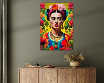 schilderij van Frida met bloemen in haar haar van Dreamy Faces