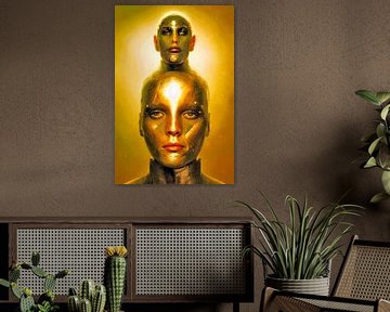 Abstraktes surrealistisches Frauenporträt in Gold. von Ineke de Rijk