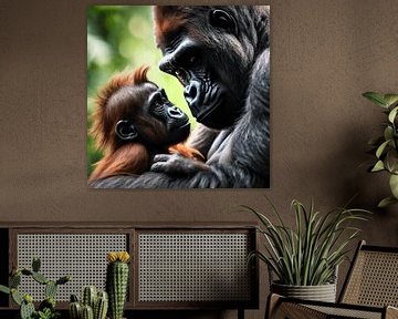 Vader gorilla en baby orang-oetan