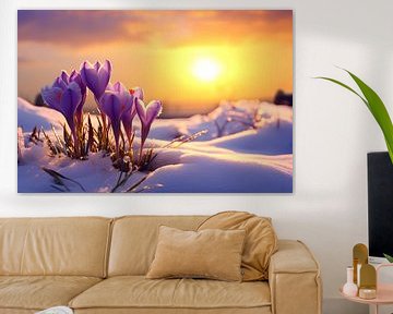 Crocus violet doré en hiver dans la neige, coucher de soleil sur Animaflora PicsStock