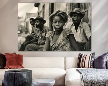 Vintage-Schwarz-Weiß-Foto von alten Bürgern der Karibik mit einem jungen Mädchen im Vordergrund von Animaflora PicsStock