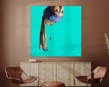 Vermeer Meisje met de Parel Ondersteboven - popart turquoise van Miauw webshop