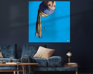 Vermeer Meisje met de Parel Ondersteboven - popart blauw van Miauw webshop
