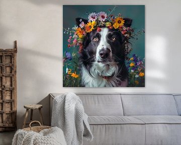 Border Collie with wildflowers