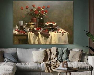 Buffet with pastries, cherries and roses