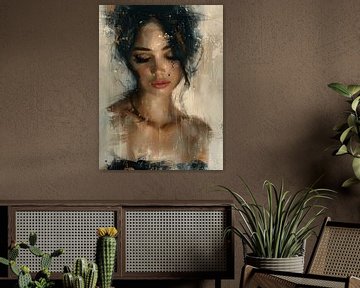 Modern and abstract portrait of a young woman in earth tones.