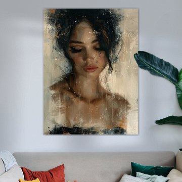 Modern en abstract portret van een jonge vrouw in aardetinten. van Carla Van Iersel