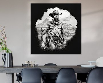 Zwart-wit avontuurlijke cowboy in detail schets stijl van Corneel Buma