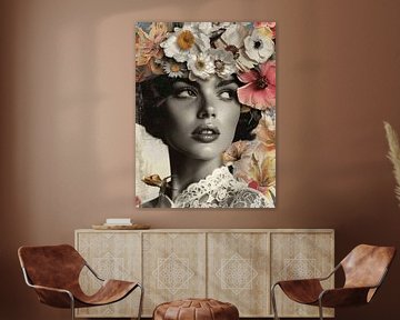 Portrait vintage avec des fleurs colorées sur Carla Van Iersel