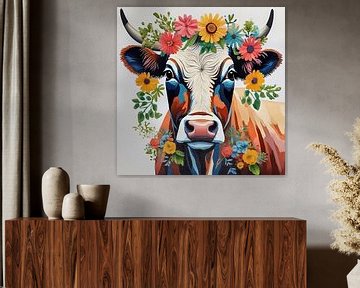 portret van een koe met bloemen Abstract van Jessica Berendsen