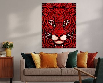 Afrikaanse stammenkunst met gestileerde rode leeuwenkop van Frank Daske | Foto & Design