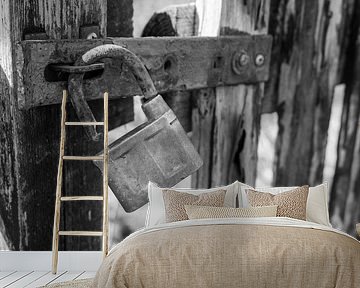 Old rusty padlock on the door Black and white photograph by Animaflora PicsStock