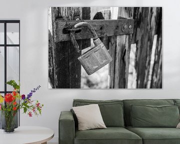 Old rusty padlock on the door Black and white photograph by Animaflora PicsStock