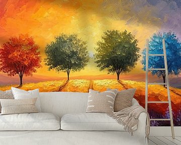 Six Trees - Abstract Kleurrijk Landschap van Kunst Kriebels