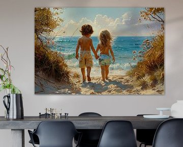 twee kinderen op het strand kijken richting de zee van Egon Zitter