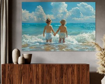 zwei Kinder am Strand in der Brandung