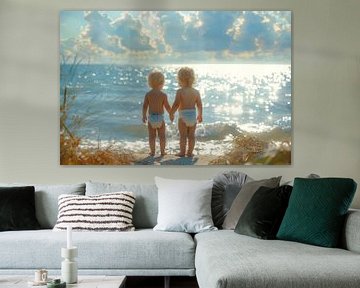 twee kinderen op het strand kijken richting de zee van Egon Zitter
