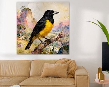 Schöne Vögel der Welt - Schwarzer und gelber Breitschnabelvogel von Johannas Art Creations