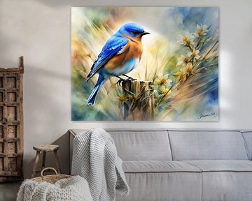 Prachtige vogels van de wereld - Oostelijke blauwe vogel2 van Johannas Art Creations