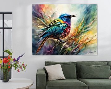 Prachtige vogels van de wereld - Veelkleurige Rush Tyrant vogel2 van Johanna's Art