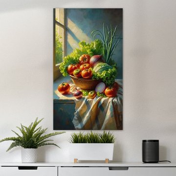 Tomaten, Zwiebeln, Salat, Schnittlauch, Ernte am frühen Morgen