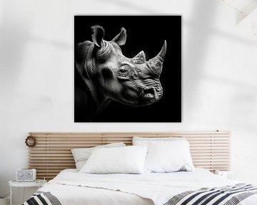 dramatisches Schwarz-Weiß-Porträtfoto des Kopfes eines Nashorns von der Seite gesehen