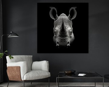 dramatisches Schwarz-Weiß-Porträtfoto des Kopfes eines Nashorns, das direkt in die Kamera schaut