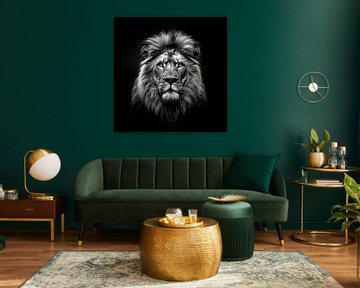 dramatisches Schwarz-Weiß-Porträtfoto, das den Kopf eines männlichen Löwen zeigt