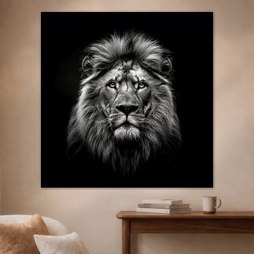 dramatisches Schwarz-Weiß-Porträtfoto, das den Kopf eines männlichen Löwen zeigt