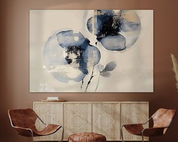 Blauwe bloemen, modern en abstract minimalisme in wabi-sabi stijl van Japandi Art Studio