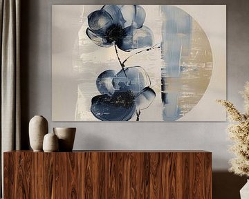 Fleurs bleues, minimalisme moderne et abstrait dans le style wabi-sabi sur Japandi Art Studio