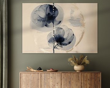 Blauwe bloemen, modern en abstract minimalisme in wabi-sabi stijl van Japandi Art Studio