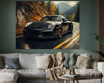 Zwarte Porsche in berglandschap_1 van Bianca Bakkenist