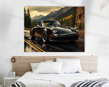 Zwarte Porsche in berglandschap_3 van Bianca Bakkenist