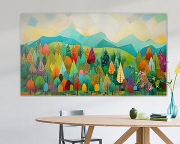 Colourful forest and hills naive art by Jan Bechtum