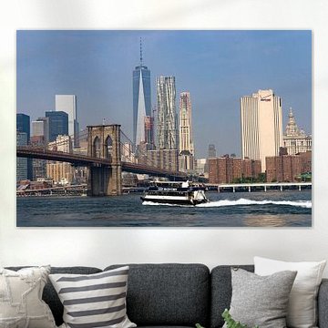 New York, Brooklyn Bridge overlooking Manhattan....