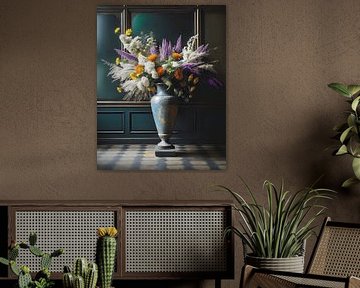 Vase mit Blumen vor dem Hintergrund einer grünen Vertäfelung