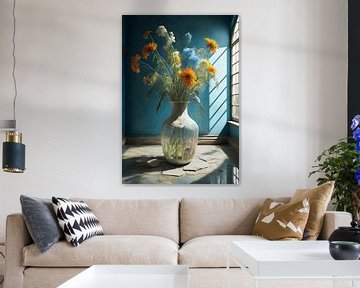 Glazen vaas met lange bloemen