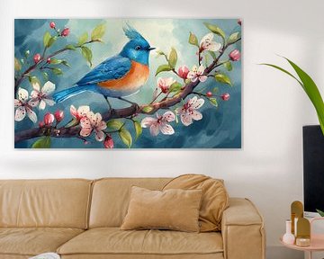 Blauer Vogel auf einem Ast im Frühling, Kunstdesign