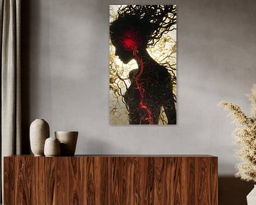 Digitale Kunst Vrouwen Portret Zwart Rood Goud Puls van Manipulatiemelodie