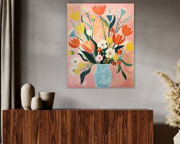 Levendige Bloemenvaas van Abstract Schilderij