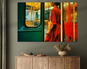 New York City Subway Night Train Woman in Rot, Gelb und Grün von Frank Daske | Foto & Design