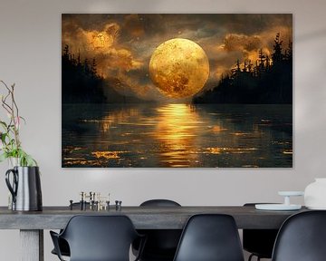 Gemälde Schwarz Gold | Großes Gemälde Wohnzimmer | Mondgemälde von AiArtLand