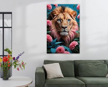 Beautiful Lion surrounded by the most beautiful pink flowers by Linda Ringelberg