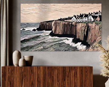 Englische Küste mit Klippen, Häusern und Meer - retro braun von Anna Marie de Klerk