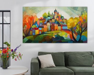 kleurig stadje met kasteel in de herfst naïef van Jan Bechtum