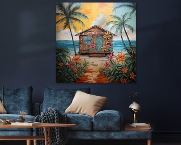 painting work of a brightly coloured wooden beach house on a Caribbean island. by Margriet Hulsker