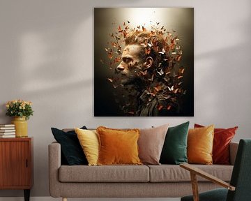 Abstract work of a man with several butterflies around him. by Margriet Hulsker