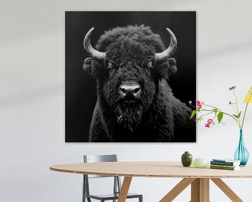 dramatisches Porträt eines wilden Bisons, der direkt in die Kamera schaut