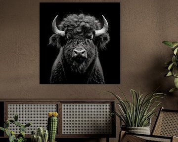 dramatic portrait of a wild bison looking straight into the camera